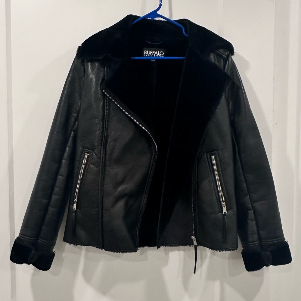 Buffalo David Bitton Black Leather & Shearling Jacket Sleek Design